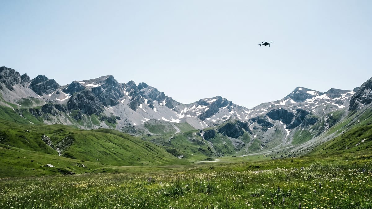 Valle alpina italiana d'estate con un piccolo drone in volo sulla destra