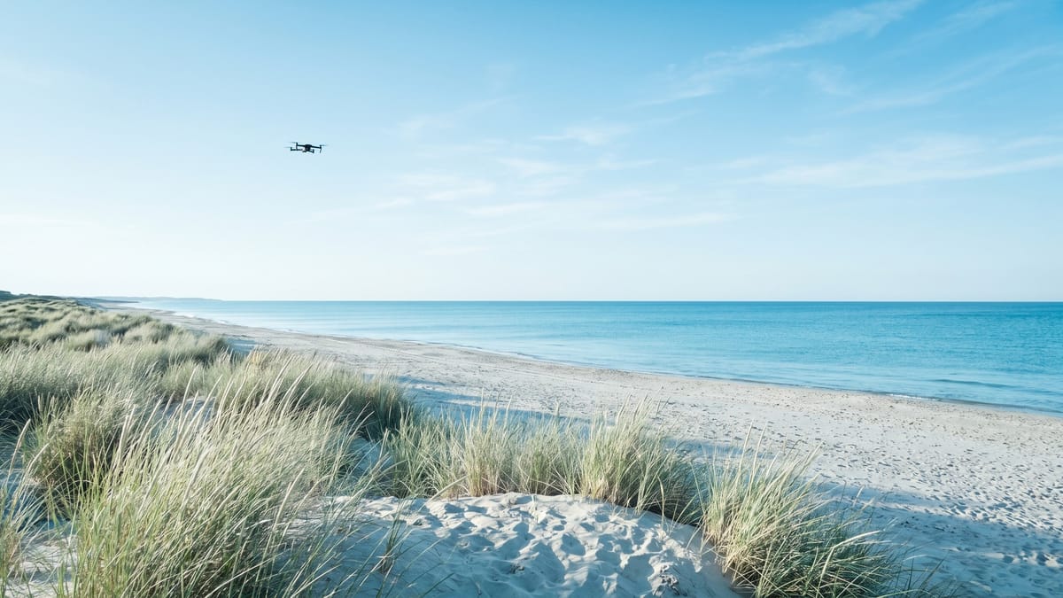 Costa italiana con spiaggia deserta e un piccolo drone in volo sulla sinistra
